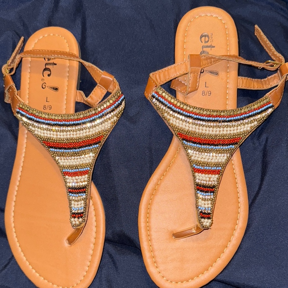 Etcetera Brown and Tan Sandals with Decorative Straps